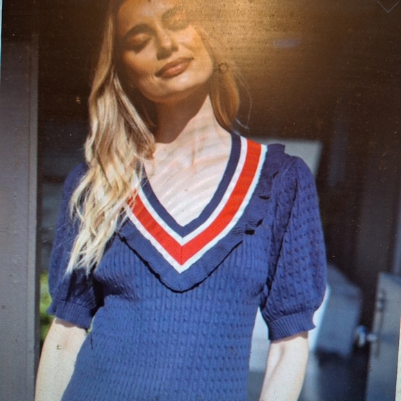 Voy Large Pullover RED WHITE Blue Patriotic Nautical SS Sweater Cable - Picture 1 of 7